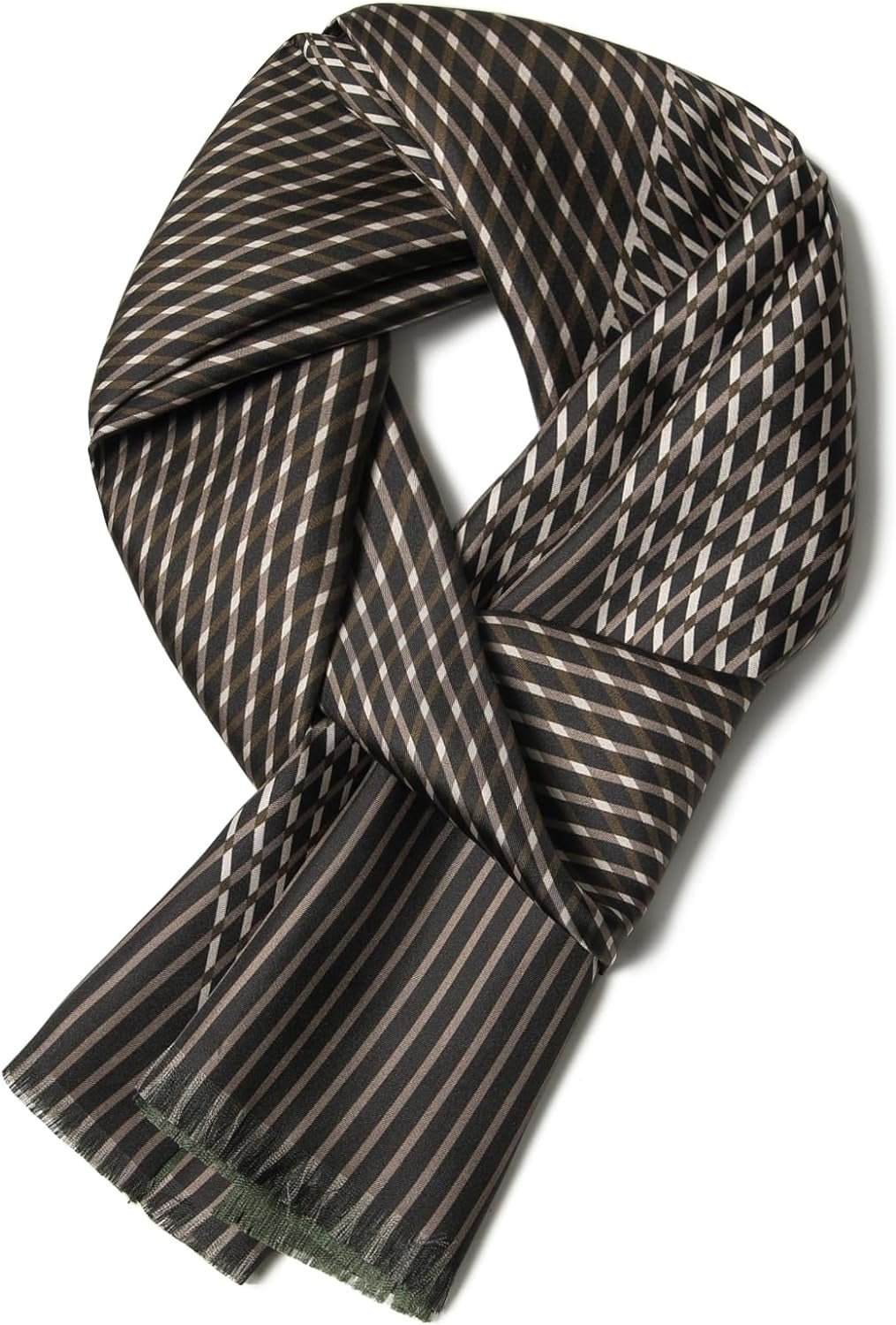 A folded rectangular SusanSilk scarf, known as the Luxurious Men's Silk Twill Scarf in green, featuring a pattern of diagonal and vertical stripes in varying shades of brown and beige.