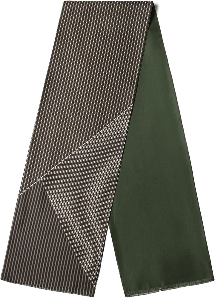 A Luxurious Men's Silk Twill Scarf by SusanSilk featuring three distinct patterns: dark brown with white diagonal lines, black and white houndstooth, and solid dark green.