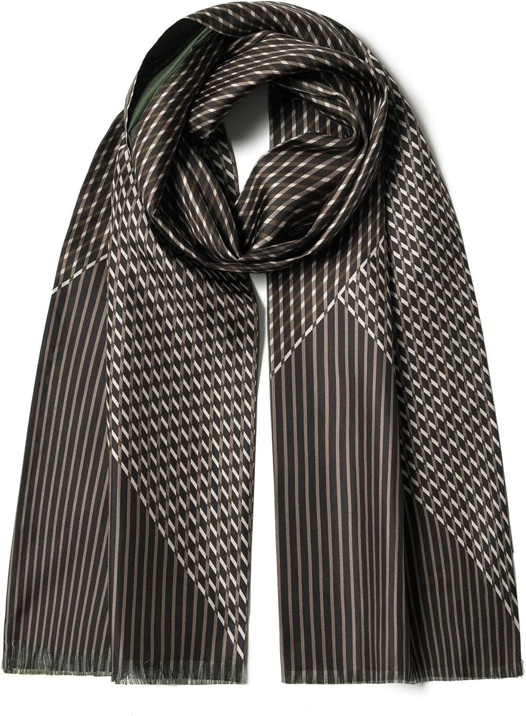 The Luxurious Men's Silk Twill Scarf - Green by SusanSilk, featuring vertical stripes and geometric patterns, is neatly folded.