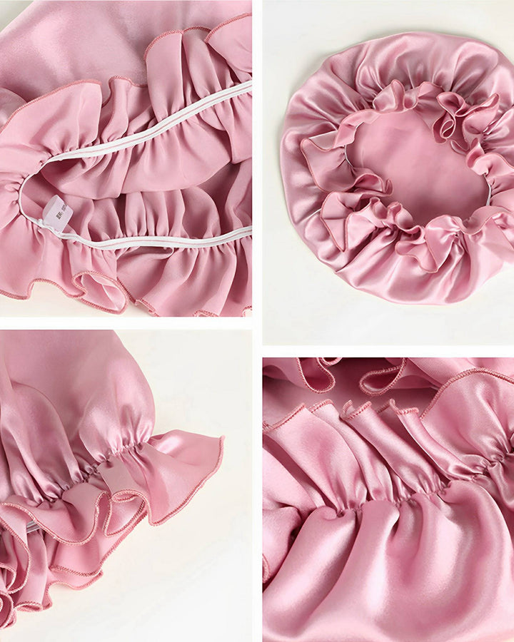 Collage of four images showing details of a Flounced Silk Bonnet For Sleeping from SusanSilk, featuring a ruffled edge and an elastic band in pink.