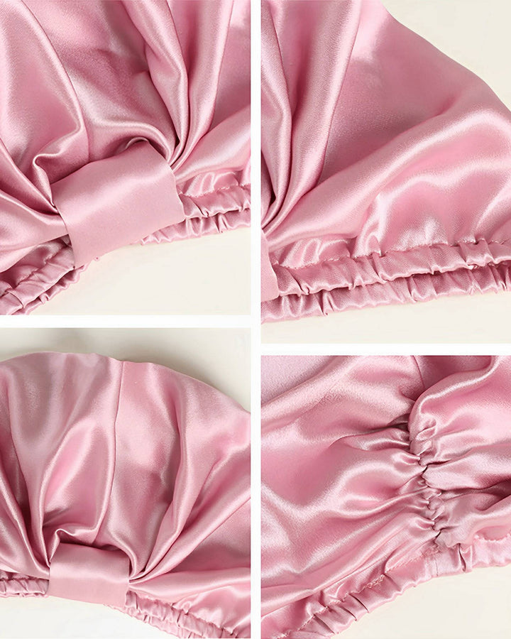 Close-up images of SusanSilk's Elegant Pleated Silk Bonnet For Sleeping in pink, showcasing intricate details of ruching, stitching, and a fabric loop.