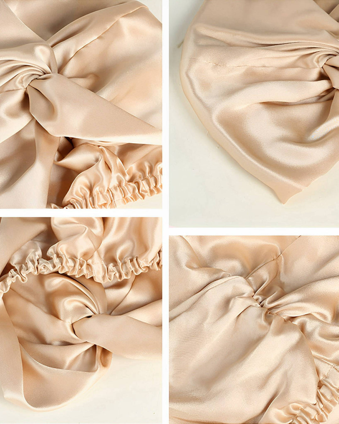 Close-up of the Luxury Turban Silk Sleep Cap by SusanSilk in various views, showcasing ruched and gathered sections along with its smooth, shiny texture. Reminiscent of luxurious silk, the cap appears soft and glossy.