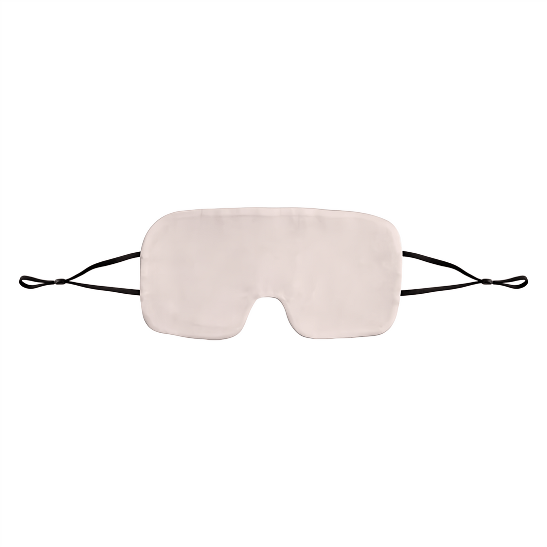 The SusanSilk Oversized Silk Eye Mask, featuring beige silk and black adjustable elastic straps, is displayed on a white background.