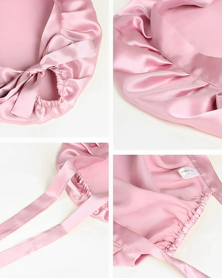 Close-up images of the Chic Silk Bonnet For Sleeping with Ribbons by SusanSilk, showcasing details like the elastic band, gathered fabric, bow, and inner stitching with a tag.