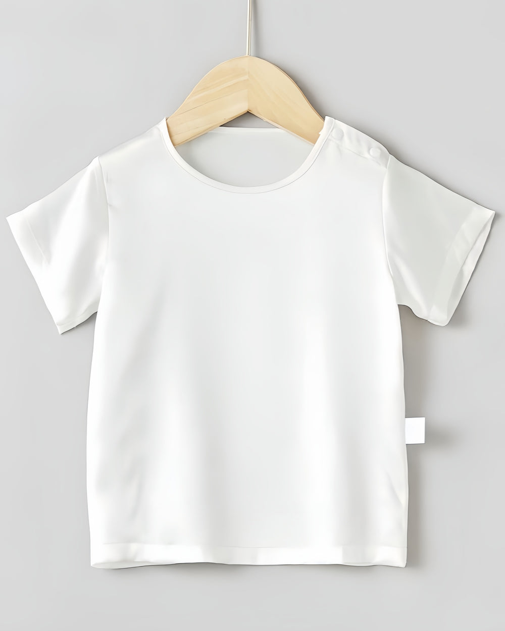 A 19 Momme Baby & Toddler Silk Short Sleeve Top by SusanSilk in white, hanging on a wooden hanger against a light gray background.