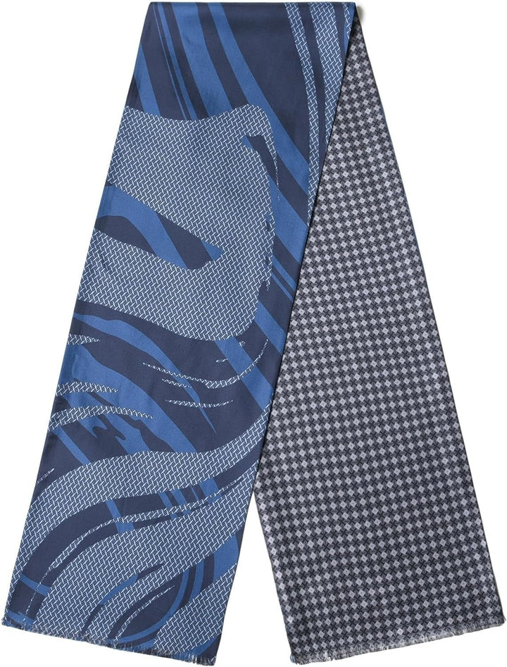 The Luxurious Men's Silk Twill Scarf- Dreamy Blue from SusanSilk features an abstract pattern on one side and a houndstooth pattern on the reverse, skillfully crafted from luxurious silk.