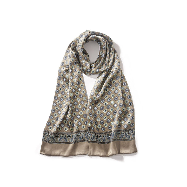 SusanSilk's Geometric Pattern Long Silk Scarf, featuring a beige and blue geometric pattern with border design, displayed on a white background.