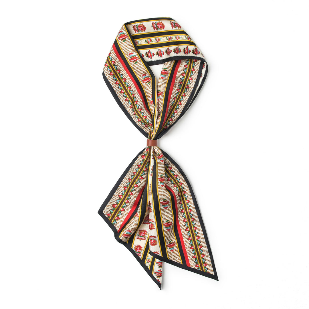 A 16 Momme Affordable Luxury Silk Twill Long Silk Scarf-Crushed Flower from SusanSilk, featuring a combination of red, black, beige, and yellow stripes and diamond designs, elegantly tied in the center against a white backdrop.