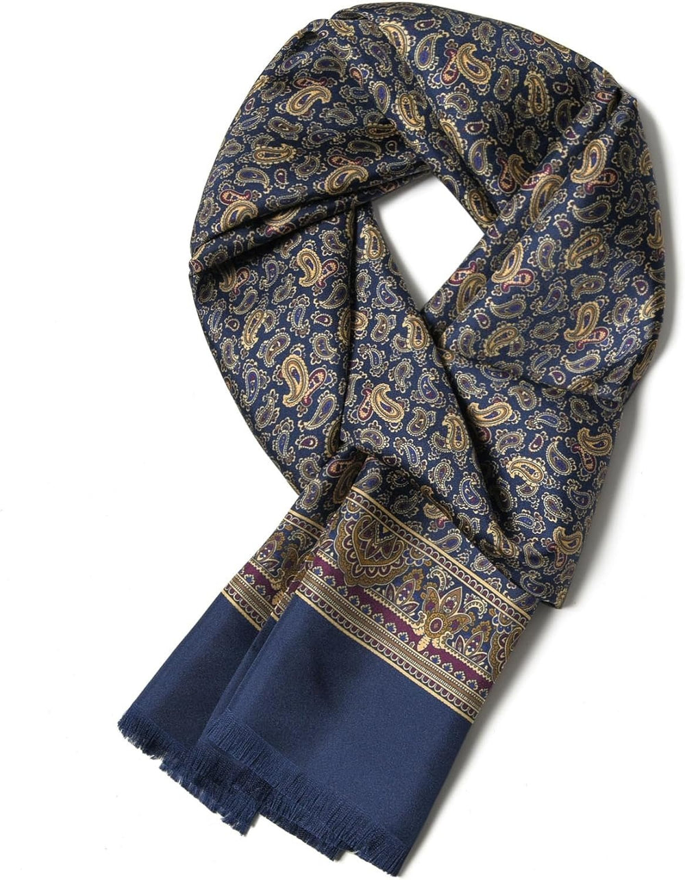 A SusanSilk Paisley Men's Silk Twill Scarf in navy, featuring intricate paisley and other detailed designs in gold and maroon, lying neatly with fringed edges.