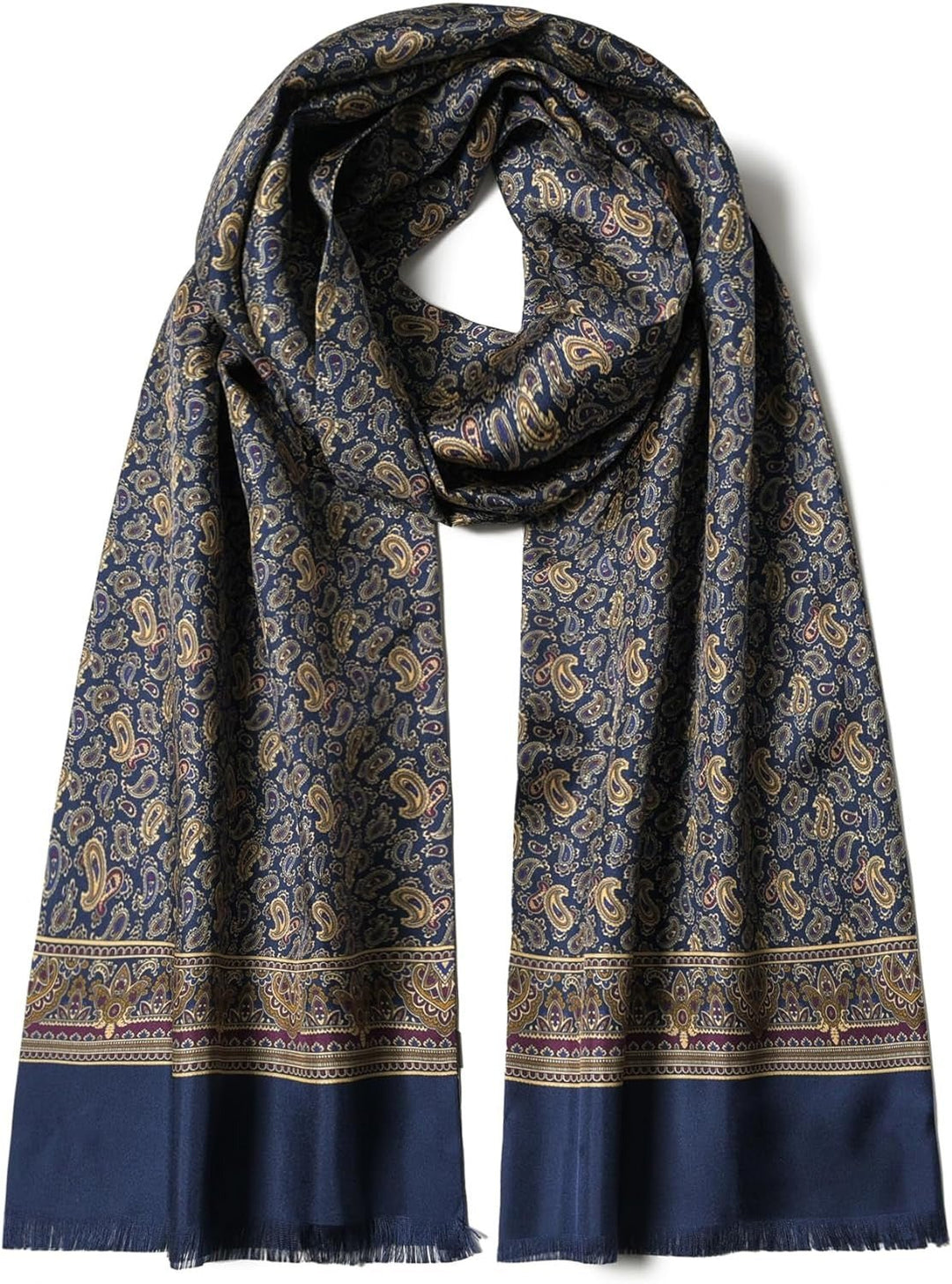 A Paisley Men's Silk Twill Scarf in navy by SusanSilk, adorned with intricate gold and brown paisley patterns, featuring detailed borders and slightly frayed edges.