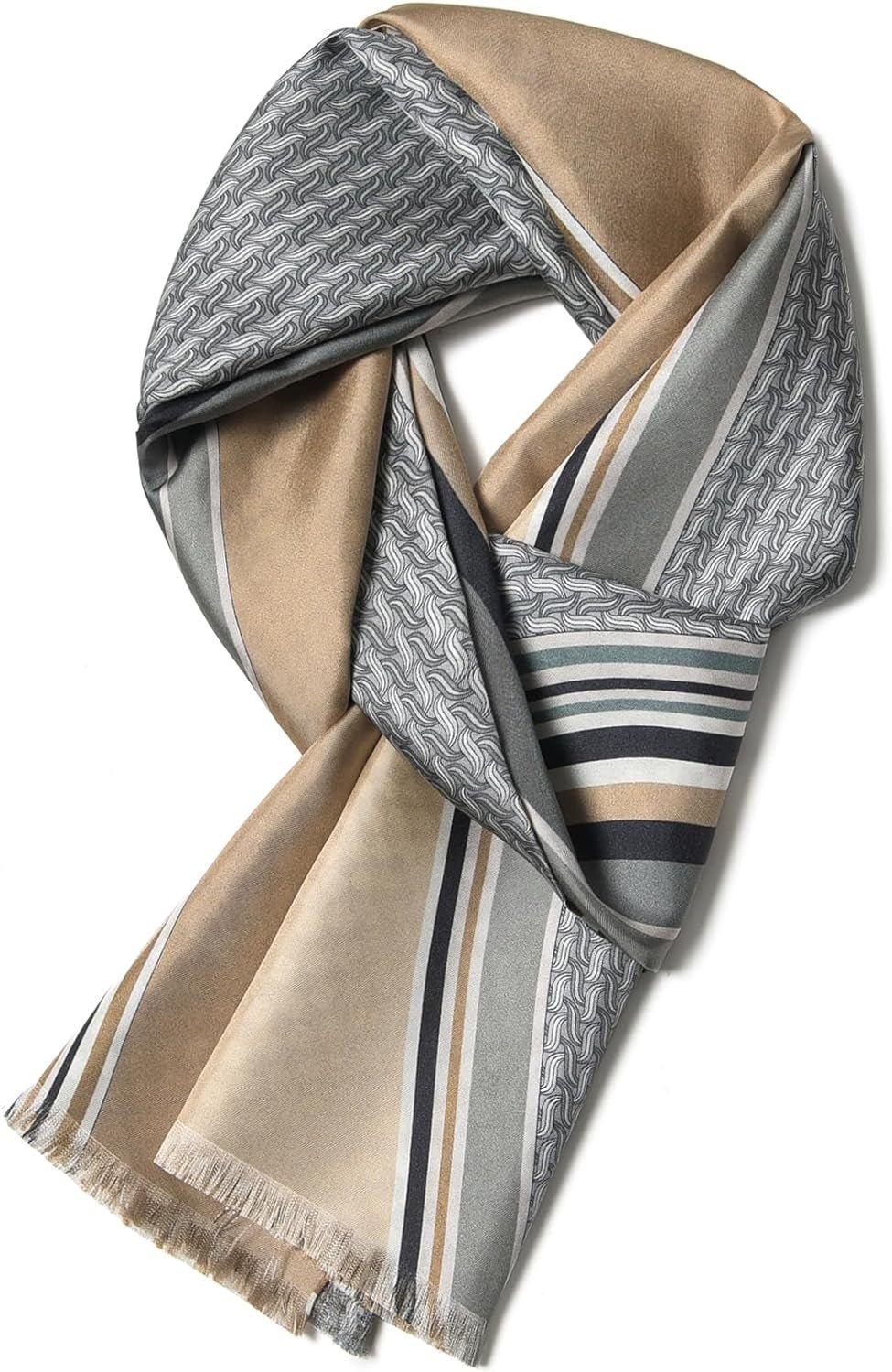 A neatly folded Luxurious Men's Silk Twill Scarf - Grey Khaki by SusanSilk, showcasing a geometric pattern in shades of beige, gray, and black.