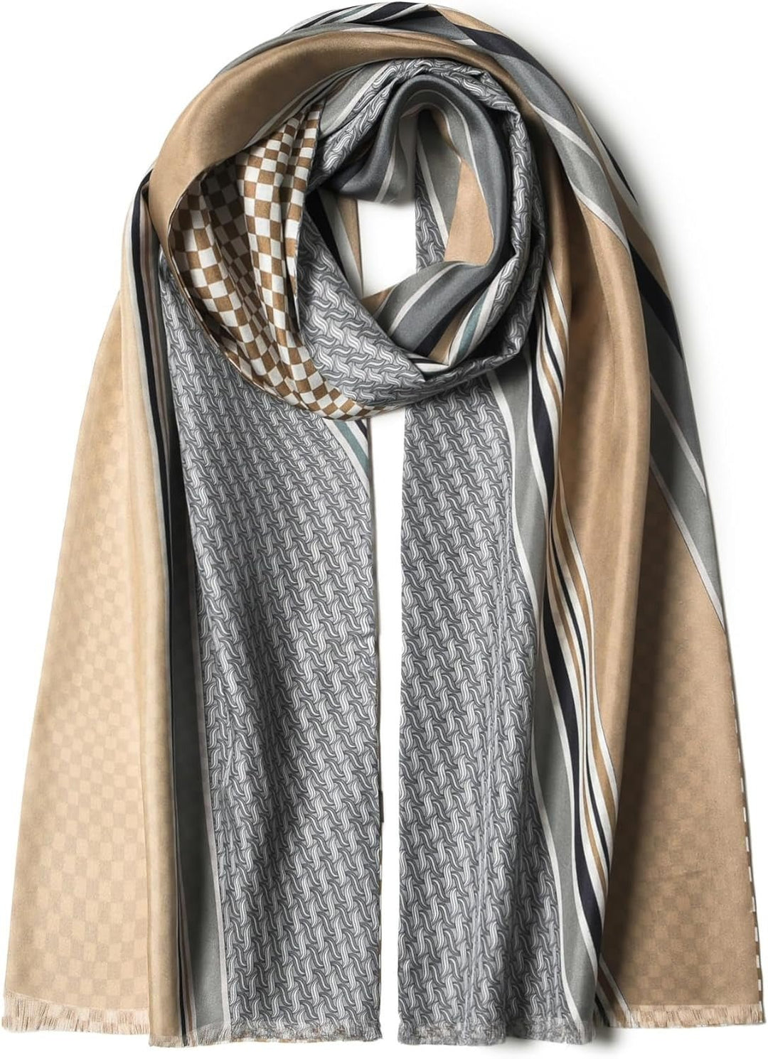 A luxurious men's silk twill scarf from SusanSilk, featuring a mix of beige, brown, and gray tones with various checkered, striped, and geometric designs.