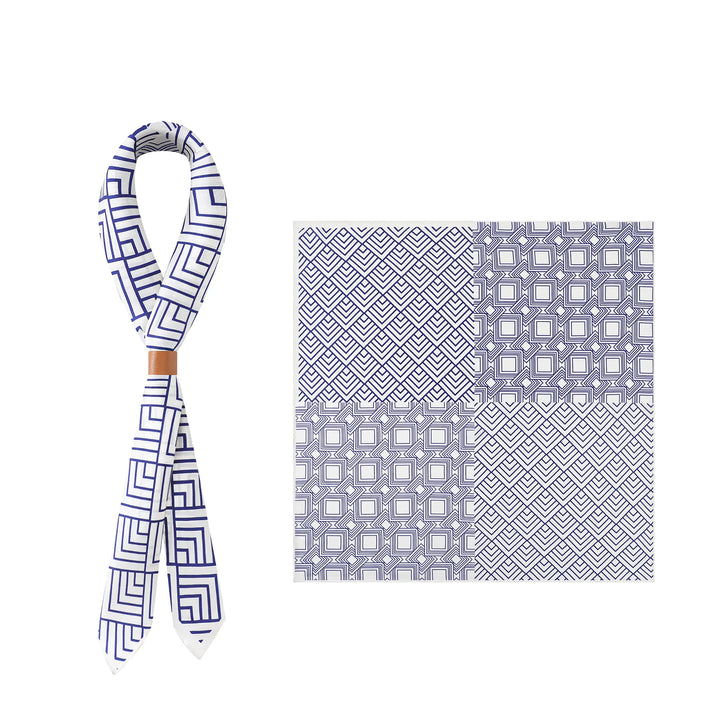 The Land Off Blue Square Silk Scarf by SusanSilk is shown tied on the left, while on the right, a flat, unfolded version reveals its intricate blue and white geometric patterns.