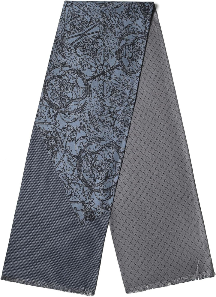 The Luxurious Men's Silk Twill Scarf - Gentleman Gray by SusanSilk features a dual-patterned design with blue and grey floral motifs on one side and a sophisticated grey grid pattern on the other.