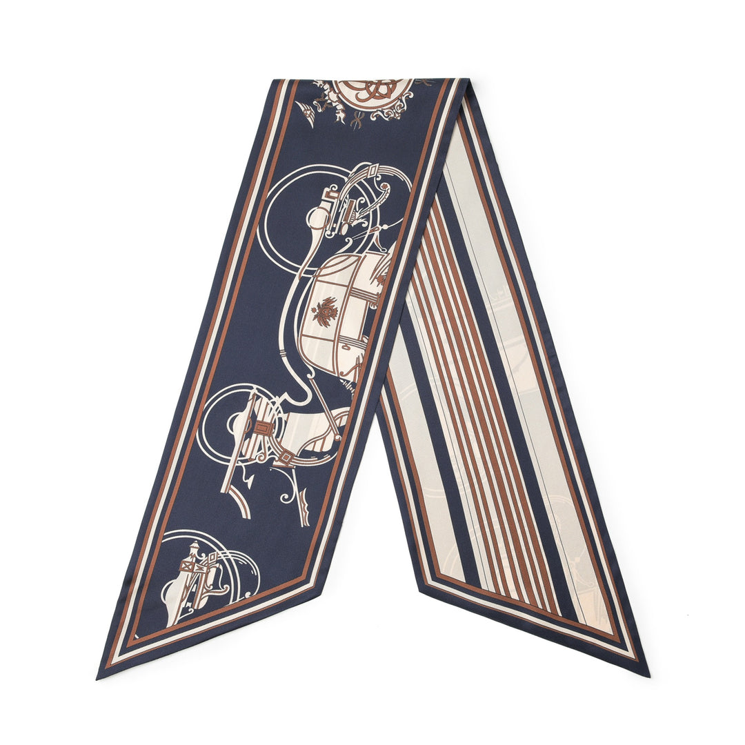 A SusanSilk 16 Momme Affordable Luxury Silk Twill Long Silk Scarf in "Blue Striped Wagon," showcasing a symmetrical design with abstract shapes and lines in white and brown tones.