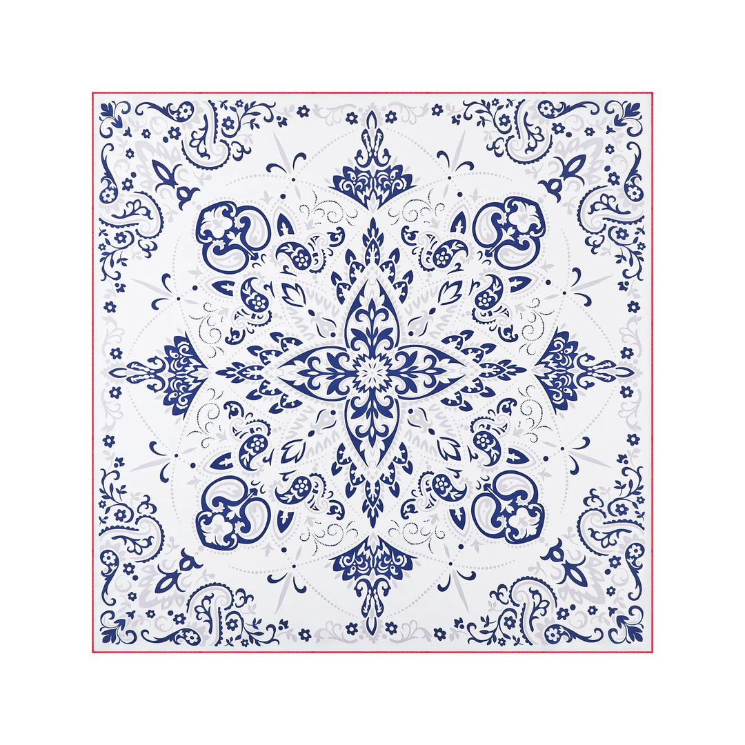 The Cashew Orchid Flower Square Silk Scarf by SusanSilk showcases an exquisite blue and white paisley bandana design, adorned with symmetrical floral and leaf patterns centered around a star-shaped motif on luxurious silk.