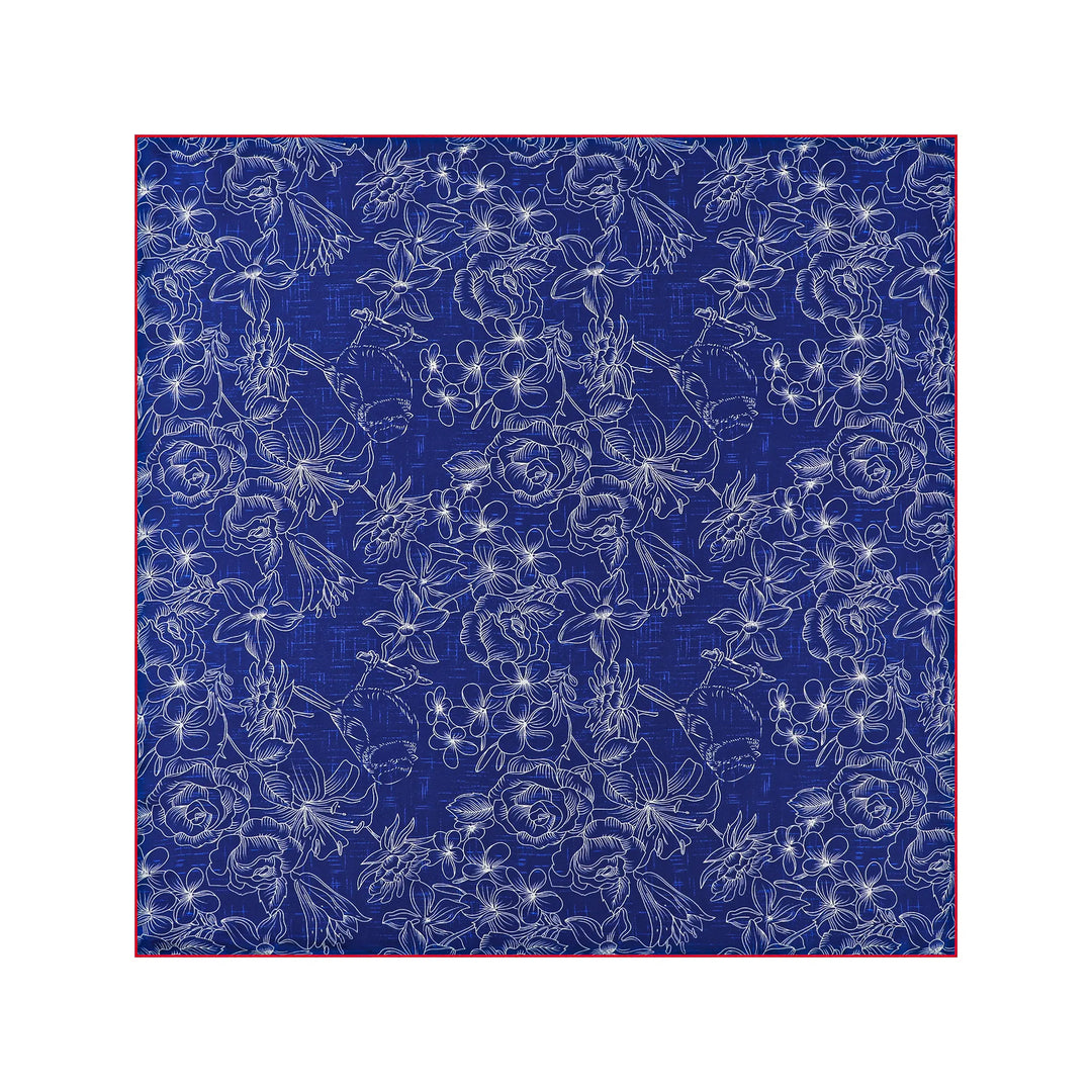 A Deep Blue Square Silk Scarf from SusanSilk, featuring a blue background adorned with intricate white floral patterns and bordered by a thin red line.