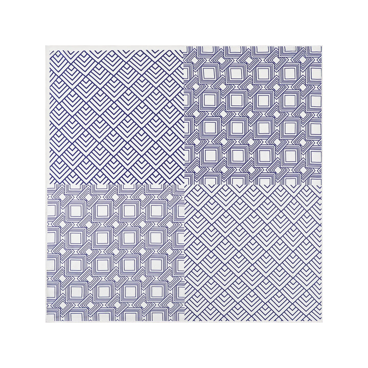 A pattern resembling the elegant texture of the SusanSilk Land Off Blue Square Silk Scarf, featuring four segments each adorned with blue and white geometric designs including chevrons and hexagons.