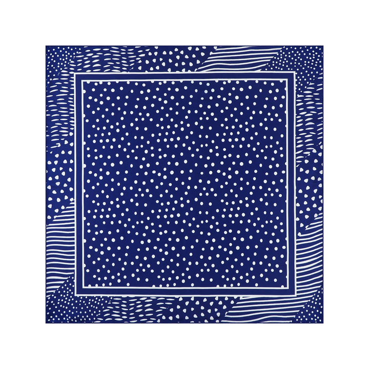 The Flourishing Star Square Silk Scarf by SusanSilk is a blue silk scarf featuring a white polka dot pattern in the center and an abstract border design adorned with various line and dot patterns.