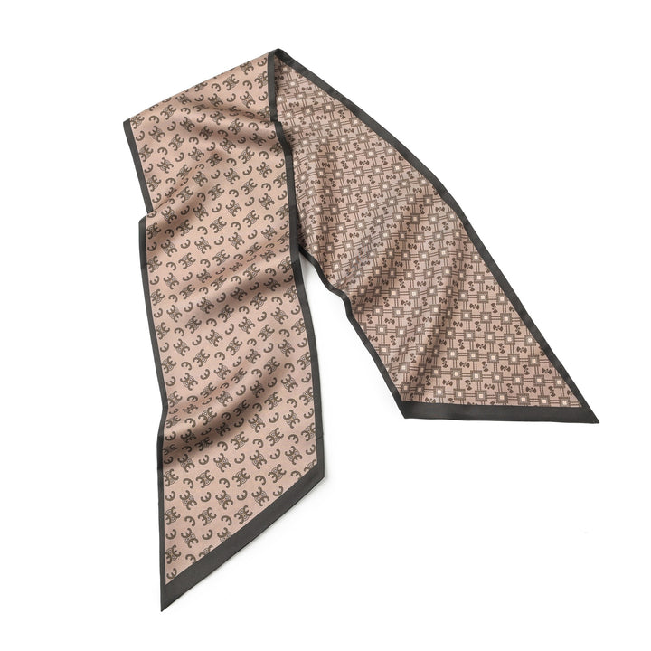 A 16 Momme Affordable Luxury Silk Twill Long Silk Scarf-Classic Arc de Triomphe by SusanSilk, featuring a brown silk with a black border laid flat and showcasing a repeating symmetrical dark brown pattern.