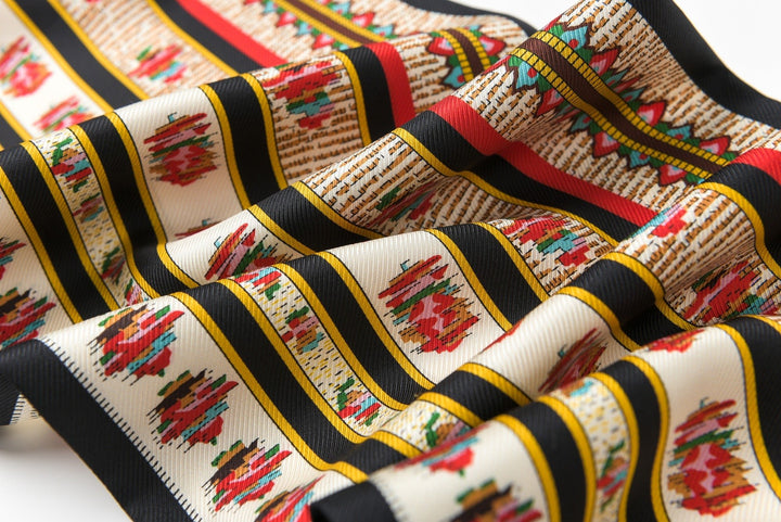 Close-up of a 16 Momme Affordable Luxury Silk Twill Long Silk Scarf-Crushed Flower from SusanSilk, showcasing a blend of multicolored geometric and ethnic patterns with striking red, yellow, green, black, and white stripes and motifs.