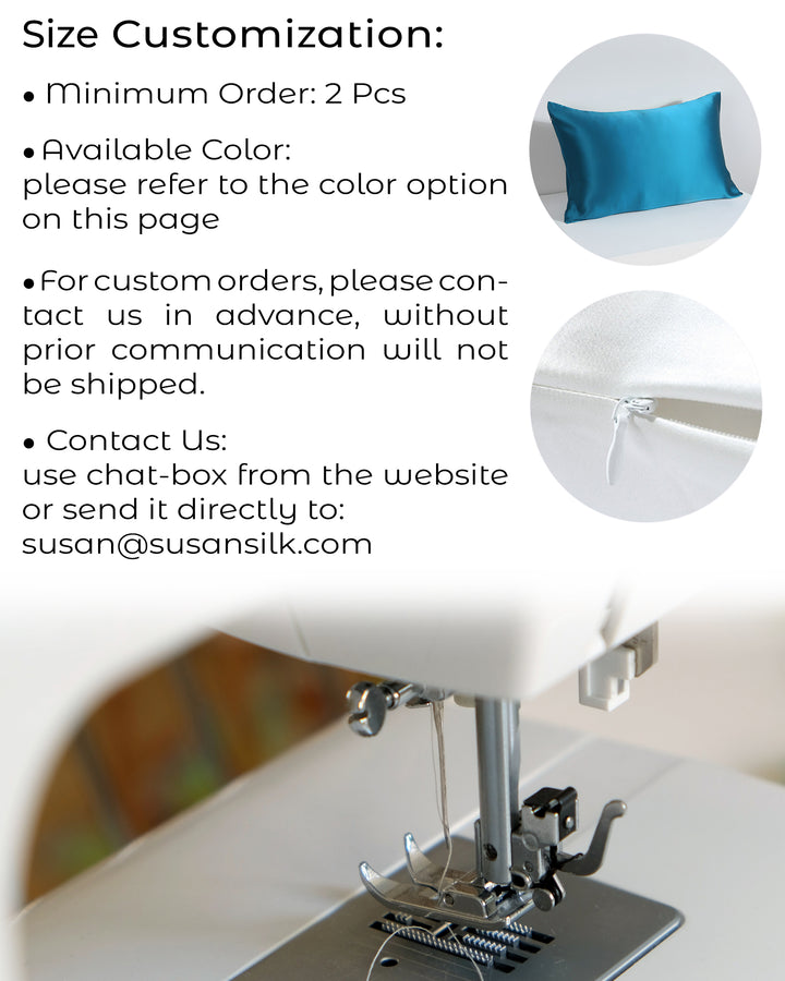 Flyer image showcasing customization options for the 19 Momme Silk Pillowcase Zipper by SusanSilk, including a minimum order requirement of 2 pieces, information on available colors, and contact details for custom orders and inquiries.