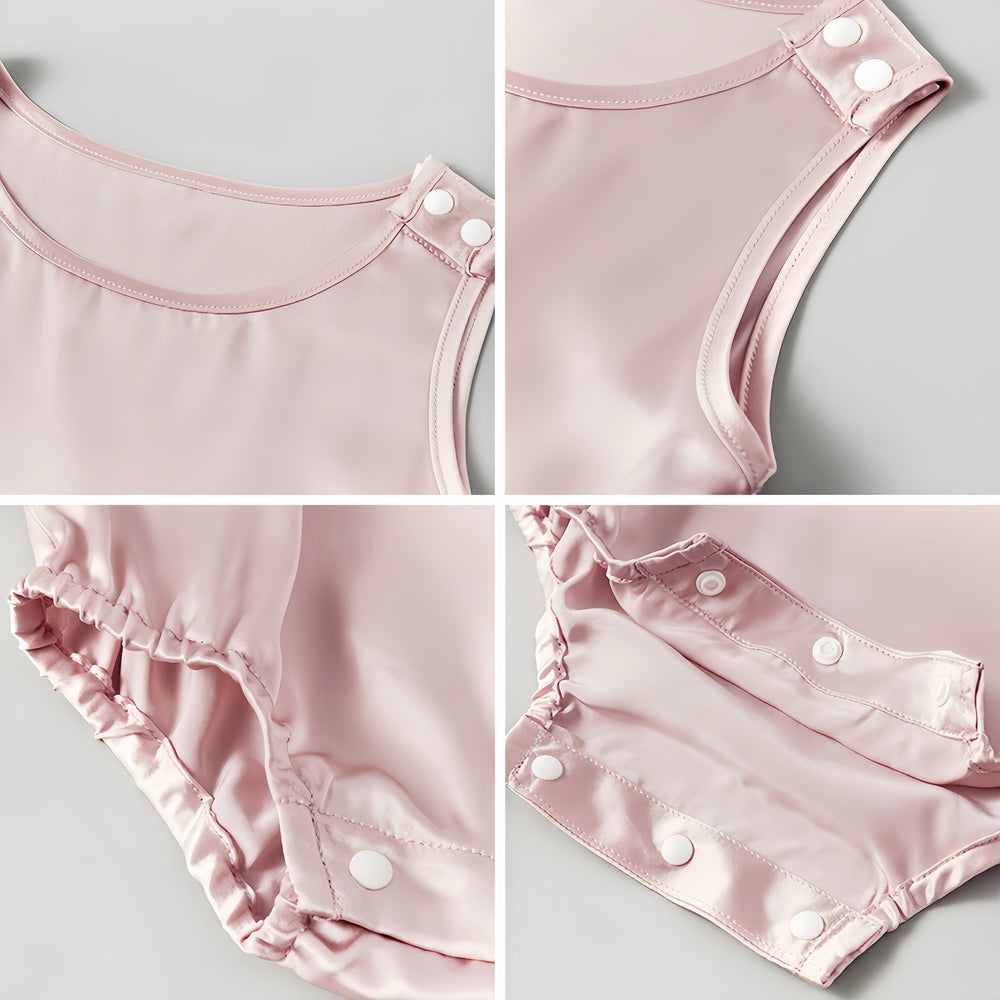 Collage of close-up views of a pink 19 Momme Silk Baby Button Onesie made from luxurious SusanSilk, featuring snap closures at the shoulder and crotch.