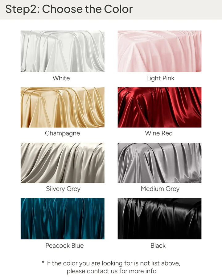 An image showcasing eight luxurious fabric color options for the Personalized Bedding Set by SusanSilk: White, Light Pink, Champagne, Wine Red, Silvery Grey, Medium Grey, Peacock Blue, and Black—all crafted from high-quality susansilk.