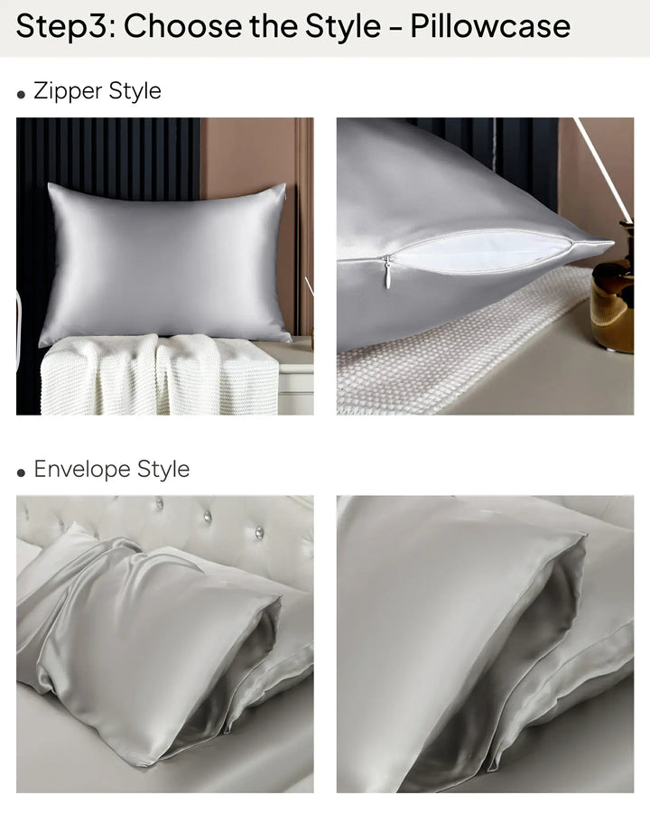 The image showcases two types of pillowcase styles: Zipper Style and Envelope Style, each with two pictures featuring luxurious silver silk pillowcases on a made bed from the Personalized Bedding Set by SusanSilk.