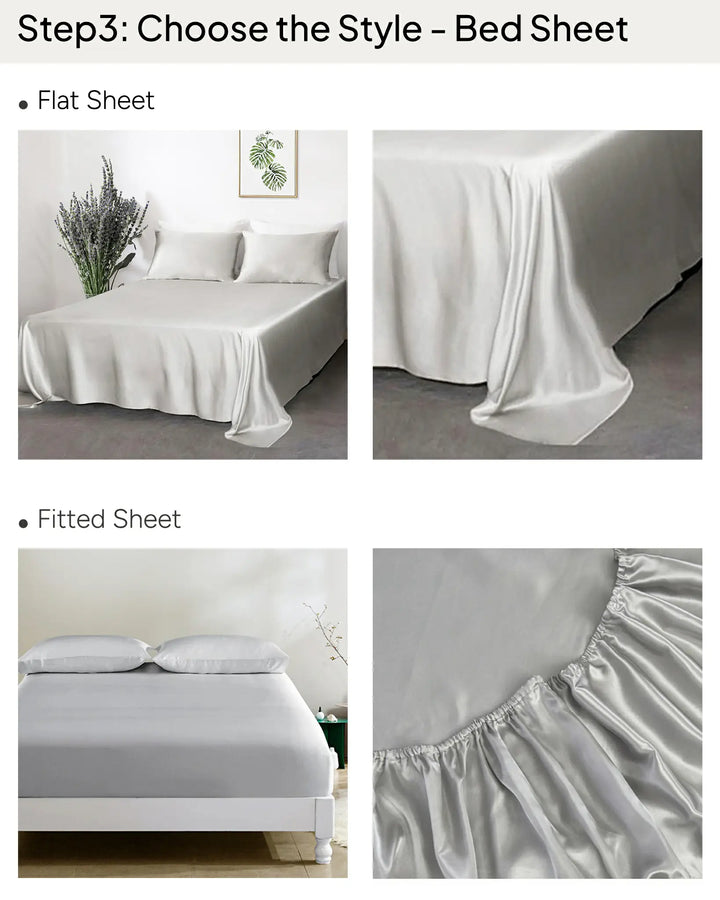 Image showing a choice between flat and fitted sheets from the SusanSilk Personalized Bedding Set. The flat sheet is displayed draped over a bed, while the fitted sheet is shown secured over a mattress. Both are white silk and neatly arranged. For more details, chat with us!