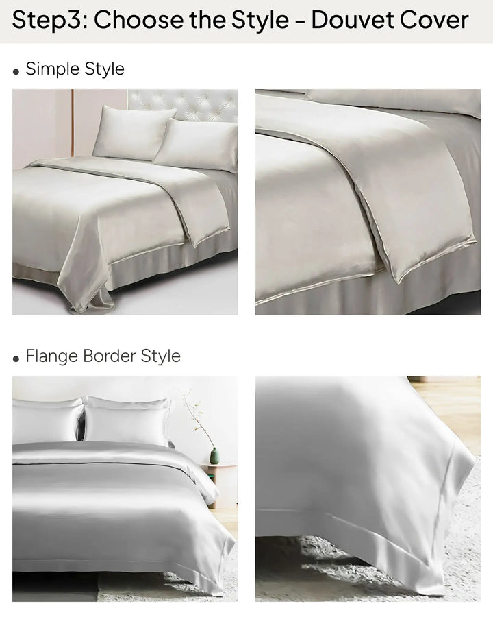 Image showcasing two elegant duvet cover styles: Simple Style and Flange Border Style, both featured as part of the Personalized Bedding Set by SusanSilk, with detailed close-up shots and full-bed photos.