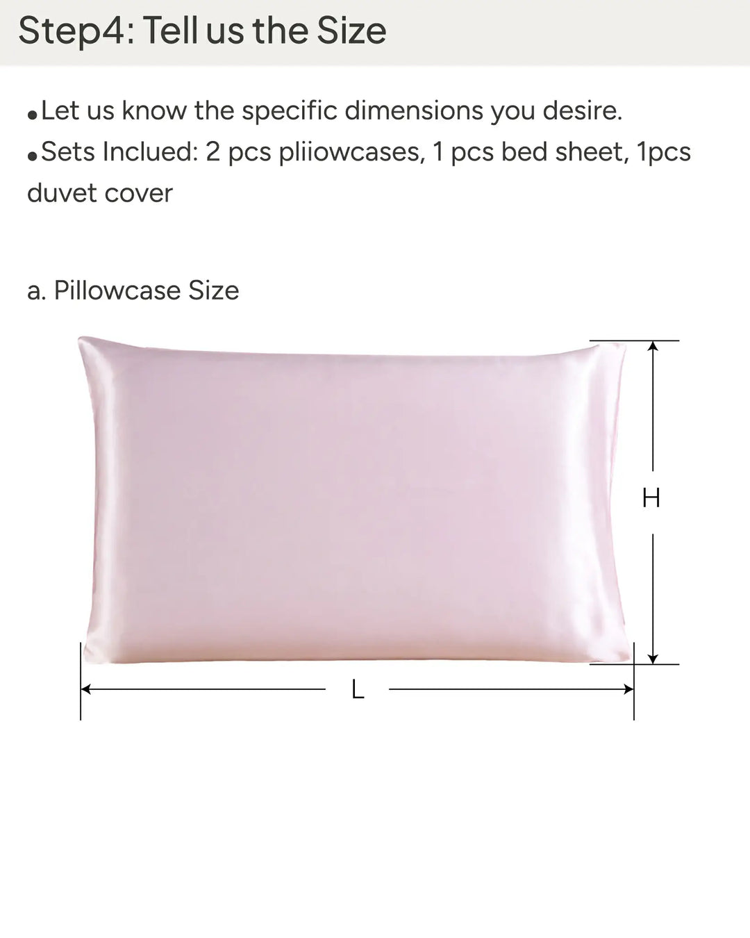 Infographic guiding customers on how to specify dimensions for pillowcases, bed sheets, or duvet covers made from luxurious silk, complete with contact details. Features an image of a SusanSilk pillowcase, indicating dimensions L (length) and H (height). Product Name: Personalized Bedding Set (Chat with us) by SusanSilk.