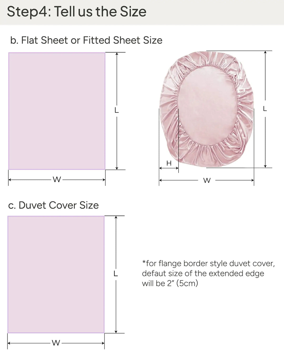 A diagram illustrating the dimensions of the Personalized Bedding Set (Chat with us) by SusanSilk. The flat sheet is marked with length (L) and width (W), while the fitted sheet is annotated with length (L), width (W), and elastic depth (H). and duvet cover is annotated with length (L), width (W).