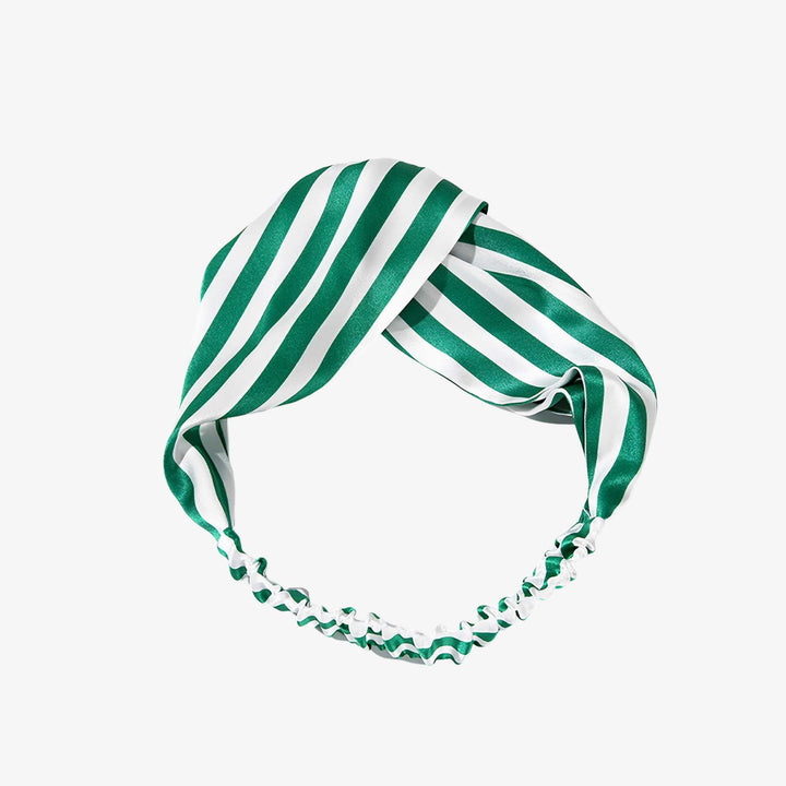 Introducing the Stripe Criss Cross Silk Headband by SusanSilk, a luxurious green and white striped headband featuring an elastic band at the back.