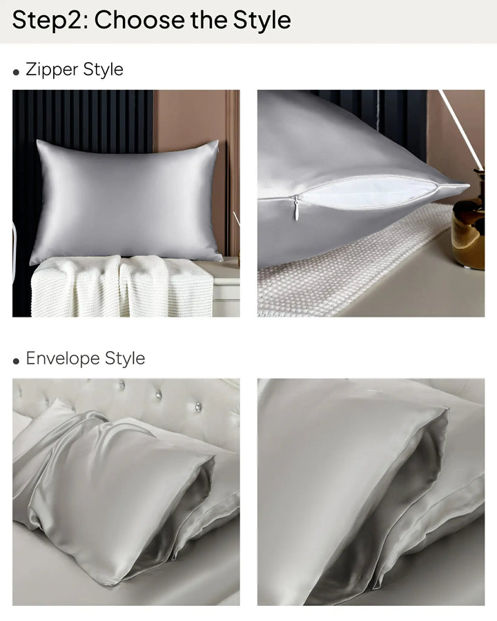 Instructional image showcasing two pillowcase styles: the "Zipper Style," highlighting a pillow with a visible zipper made from SusanSilk, and the "Envelope Style," illustrating a silk pillow with a flap covering the opening.