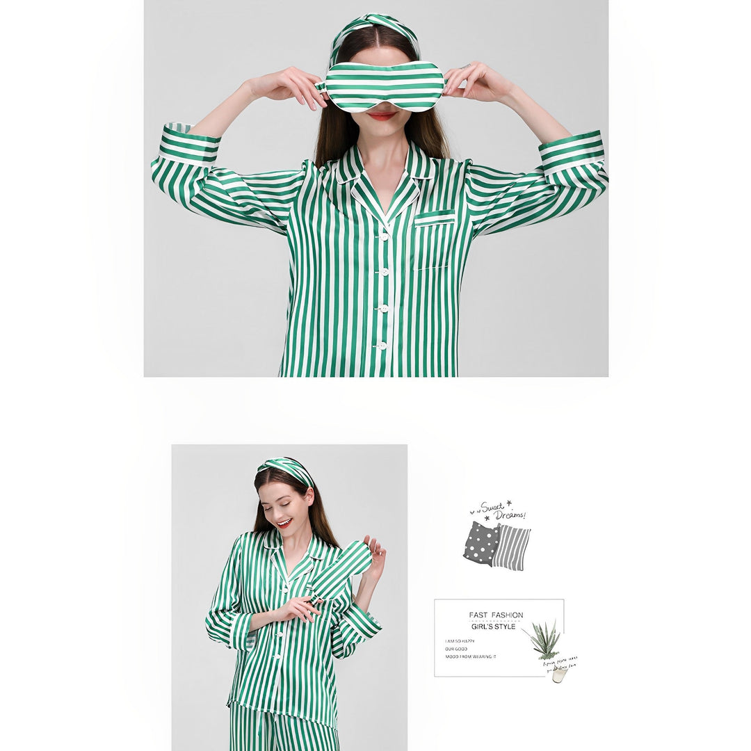 A woman wears the 19 Momme Chic Stripe Silk Pajamas Set from SusanSilk, featuring green and white stripes, complete with an eye mask. In one image, she poses with her hands on the mask, while in another, she is adjusting her sleeve. Text and illustrations are visible beside the lower image.