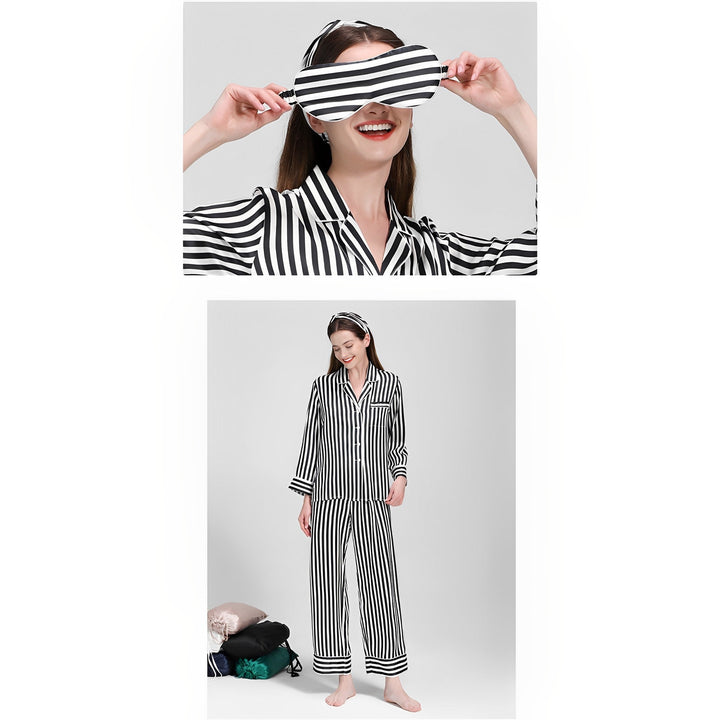 A woman in black and white striped silk pajamas from SusanSilk poses with a matching eye mask. In the top image, she is adjusting the eye mask while in the bottom image, she stands barefoot wearing the luxurious 19 Momme Chic Stripe Silk Pajamas Set.