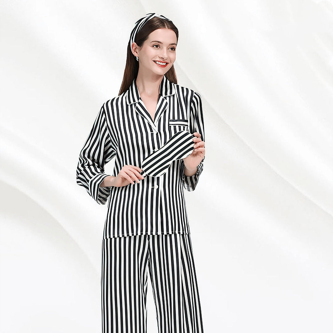 Women's 100% Silk Pajama Black and White Striped Silk Pajamas Sleepwea –  DIANASILK