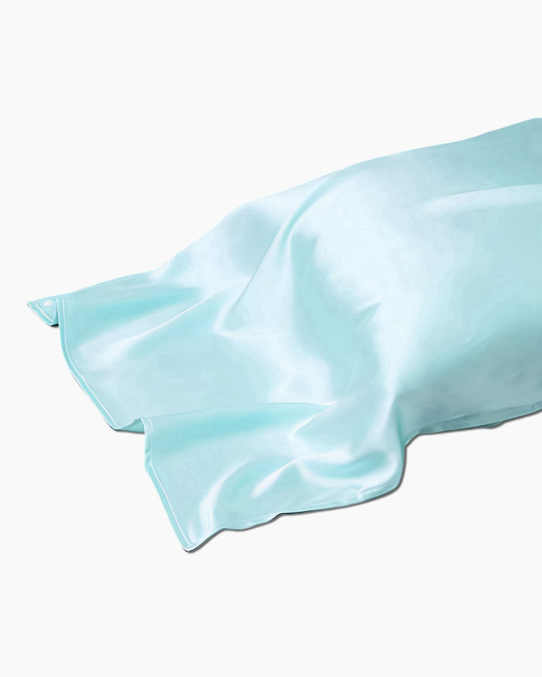 A light blue, folded 19 Momme Colorful Silk Pillow Cover from SusanSilk lies on a white background.