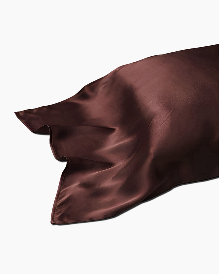 A slightly crumpled SusanSilk 19 Momme Colorful Silk Pillow Cover in chocolate brown is shown on a white background.