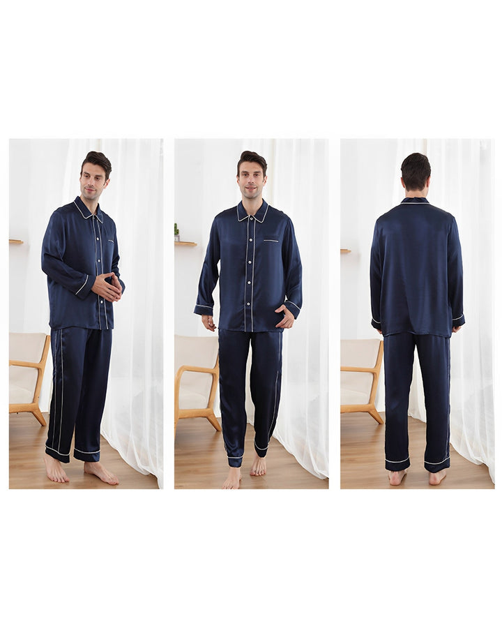 A man is wearing the 19 Momme Eton Collar Silk Pajamas Set by SusanSilk in dark blue, shown from front, side, and back views. He stands barefoot on a wooden floor with white curtains in the background.