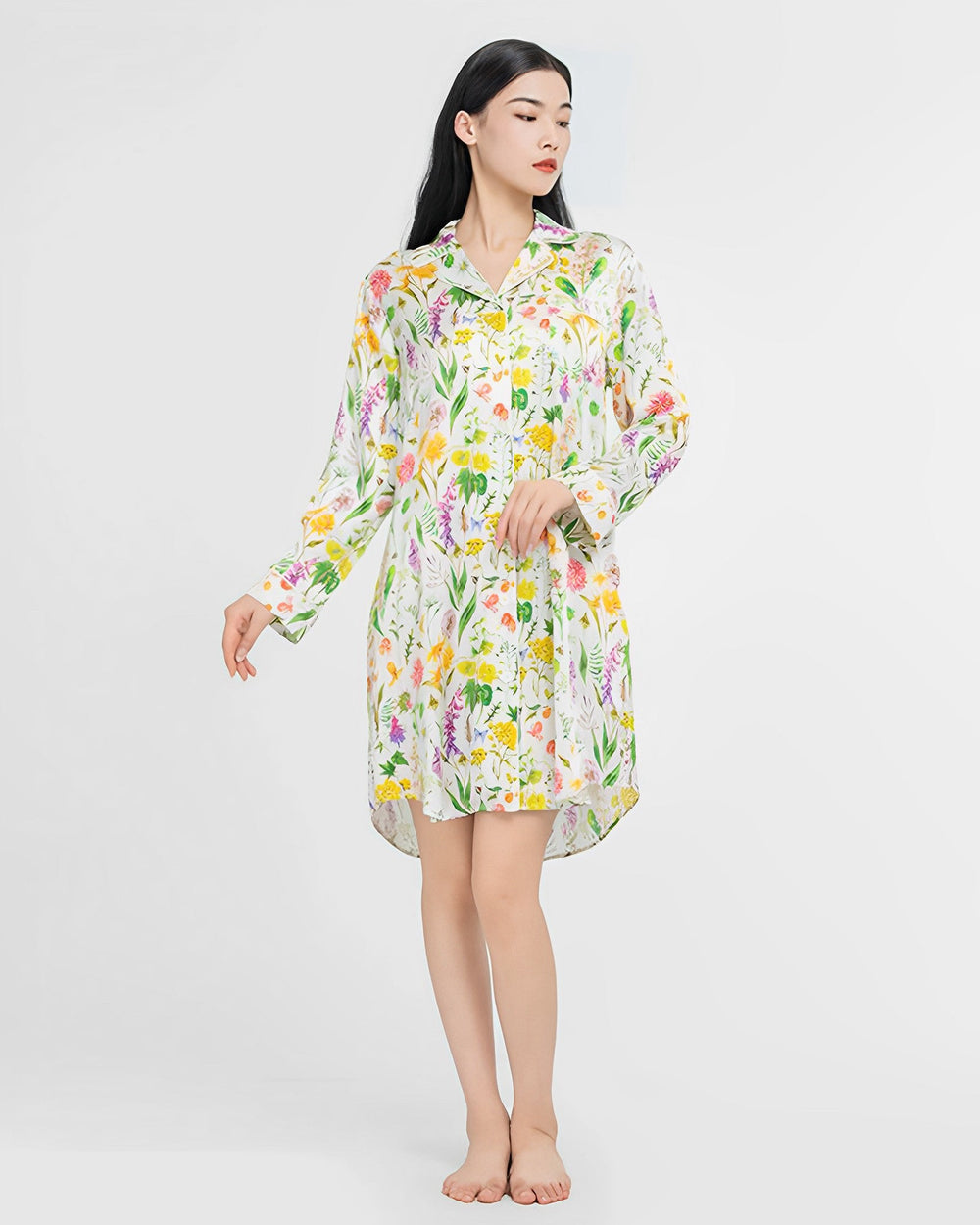 19 Momme Floral Printed Nightgown Shirt Style - SusanSilk
