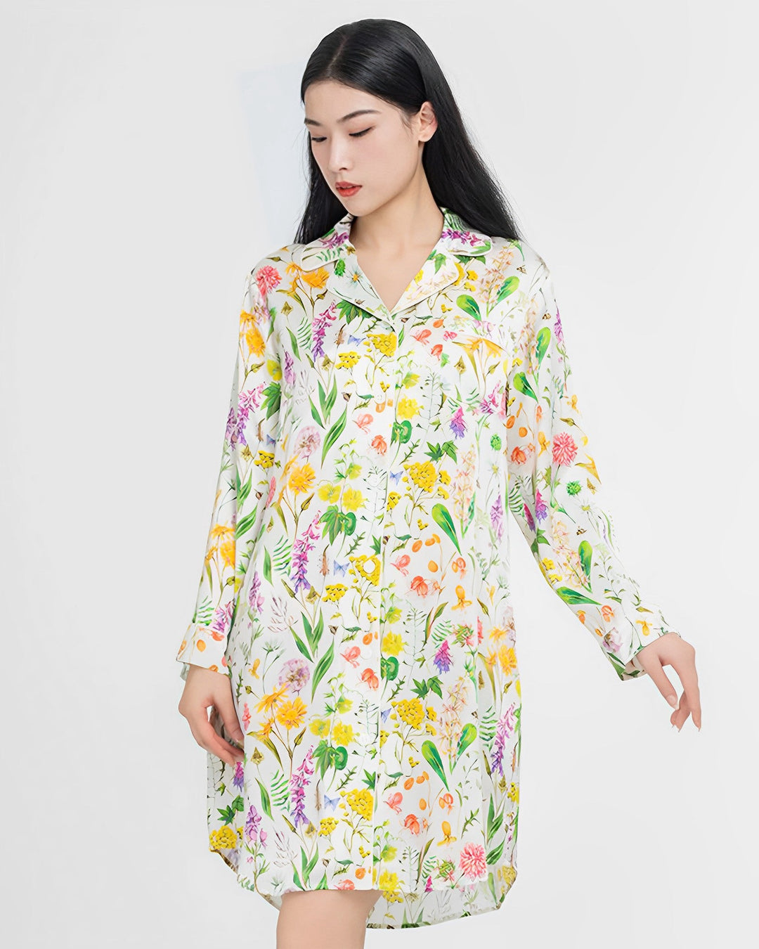 19 Momme Floral Printed Nightgown Shirt Style - SusanSilk