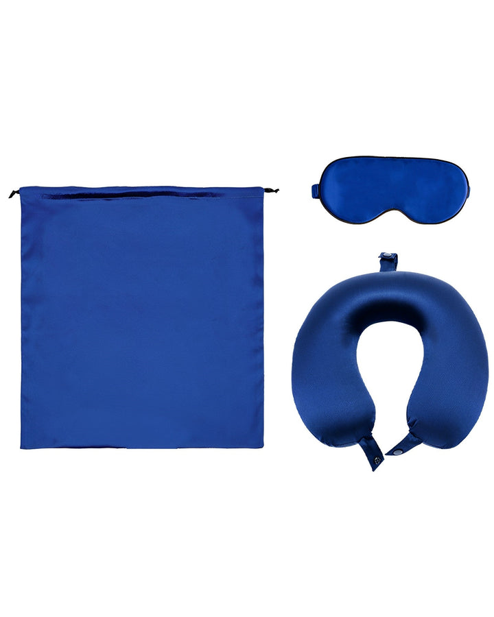 A SusanSilk 19 Momme Silk U-Shaped Pillow Travel Set, including a silk neck pillow, eye mask, and storage pouch, displayed on a white background.