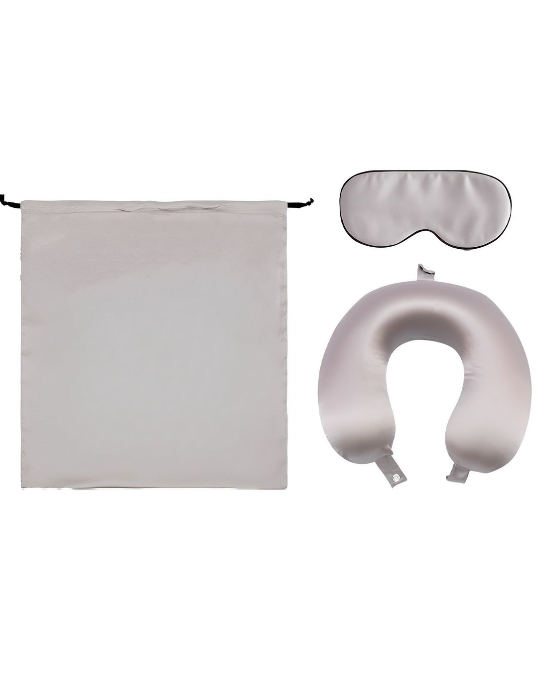 A light gray travel set from SusanSilk, featuring the 19 Momme Silk U-Shaped Pillow, a sleep mask, and a drawstring bag, arranged on a plain white background.