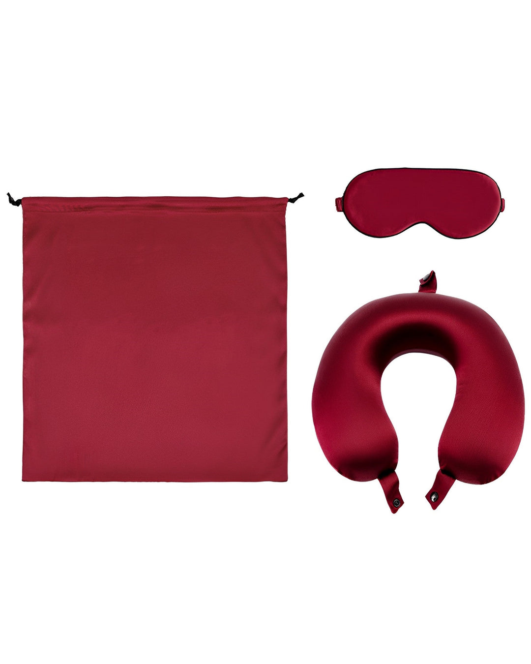 The 19 Momme Silk U-Shaped Pillow Travel Set by SusanSilk is a luxurious red travel set that includes a drawstring bag, an eye mask, and a neck pillow.