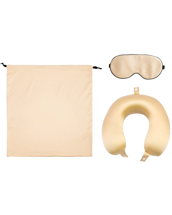 The SusanSilk 19 Momme Silk U-Shaped Pillow Travel Set includes a beige silk drawstring bag, a matching sleep mask, and a U-shaped neck pillow.