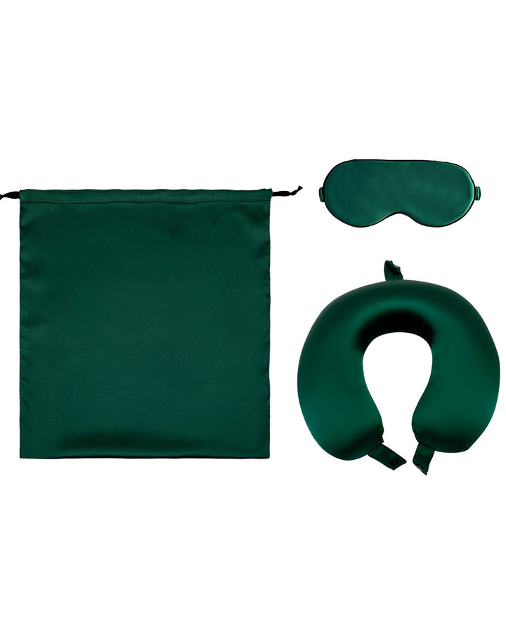 The SusanSilk 19 Momme Silk U-Shaped Pillow Travel Set, available in green, includes a silky drawstring bag, an eye mask, and a neck pillow.