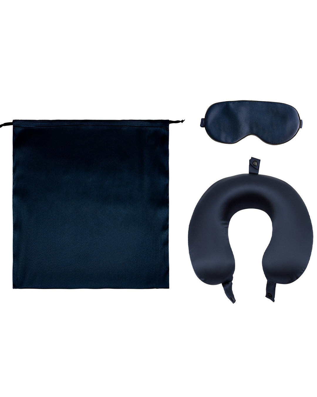 The 19 Momme Silk U-Shaped Pillow Travel Set by SusanSilk includes a luxurious black drawstring bag, an eye mask, and a U-shaped neck pillow.