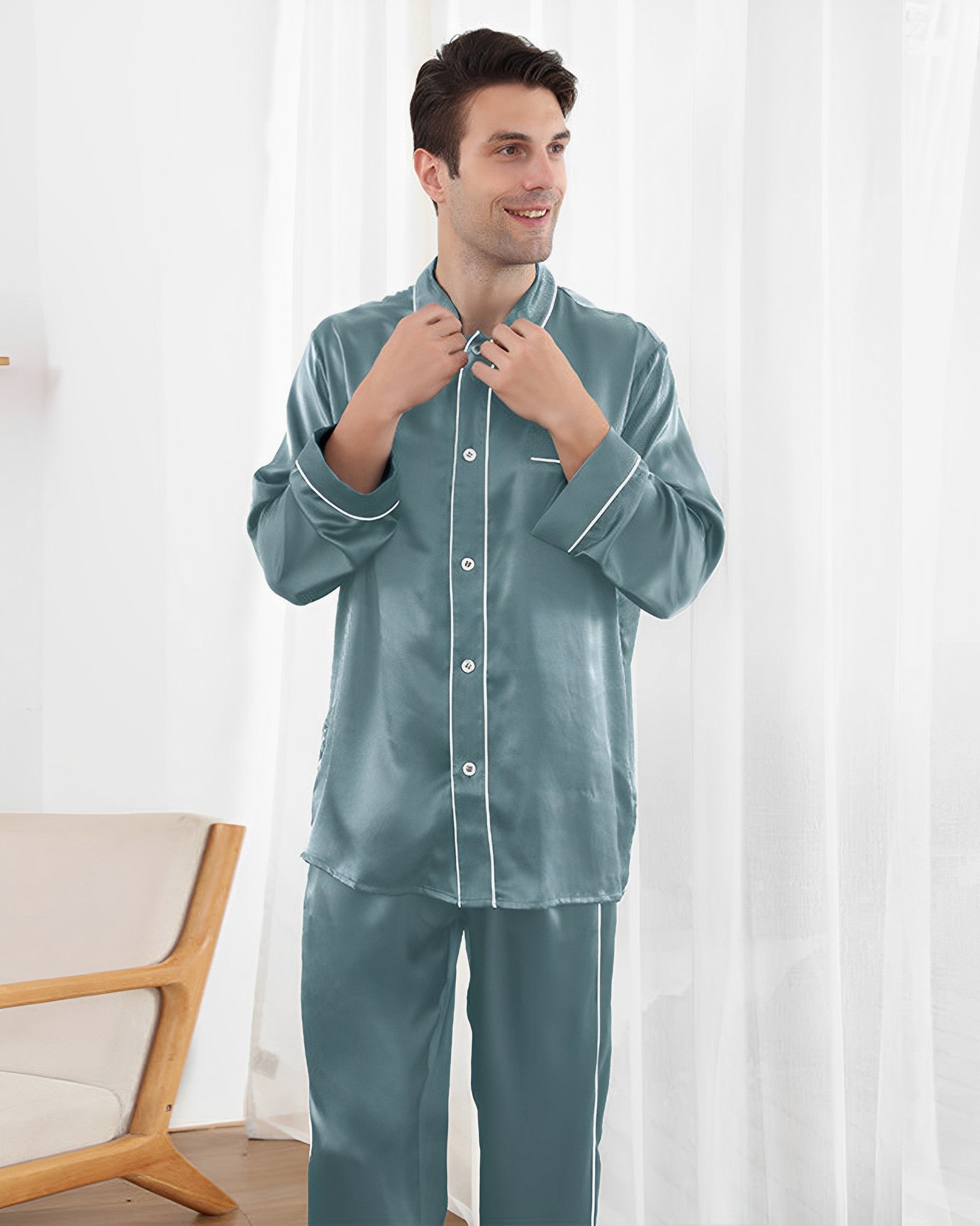 Mens 100 Silk Pajamas Set Eton Collar Contrast Piping SusanSilk